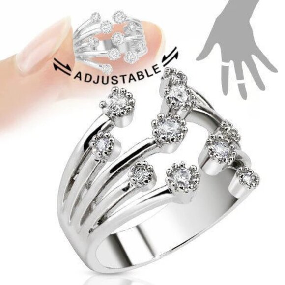 ADJUSTABLE RHODIUM PLATED BRASS MID-RING/TOE RING WITH INTRICATE CZS DESIGN - Picture 1 of 1